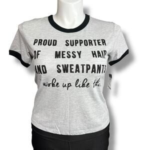 Freeze Womens Crop Top T Shirt Short Sleeve Messy Hair and Sweatpants Gray XL